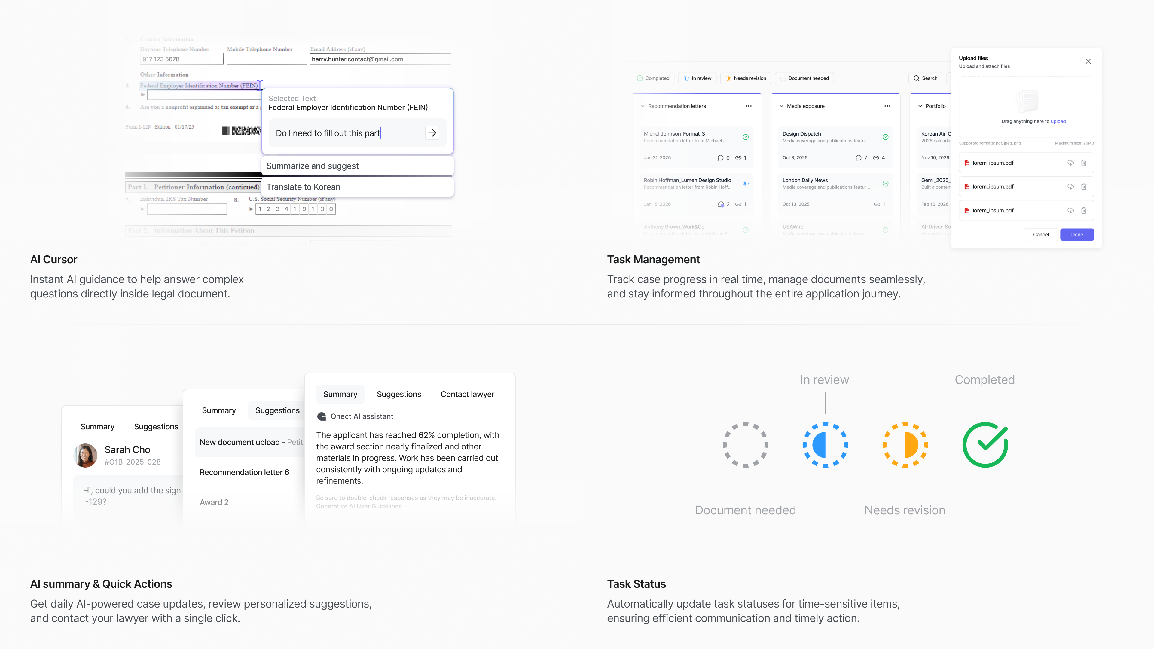 Onect AI cursor, task management, and status views