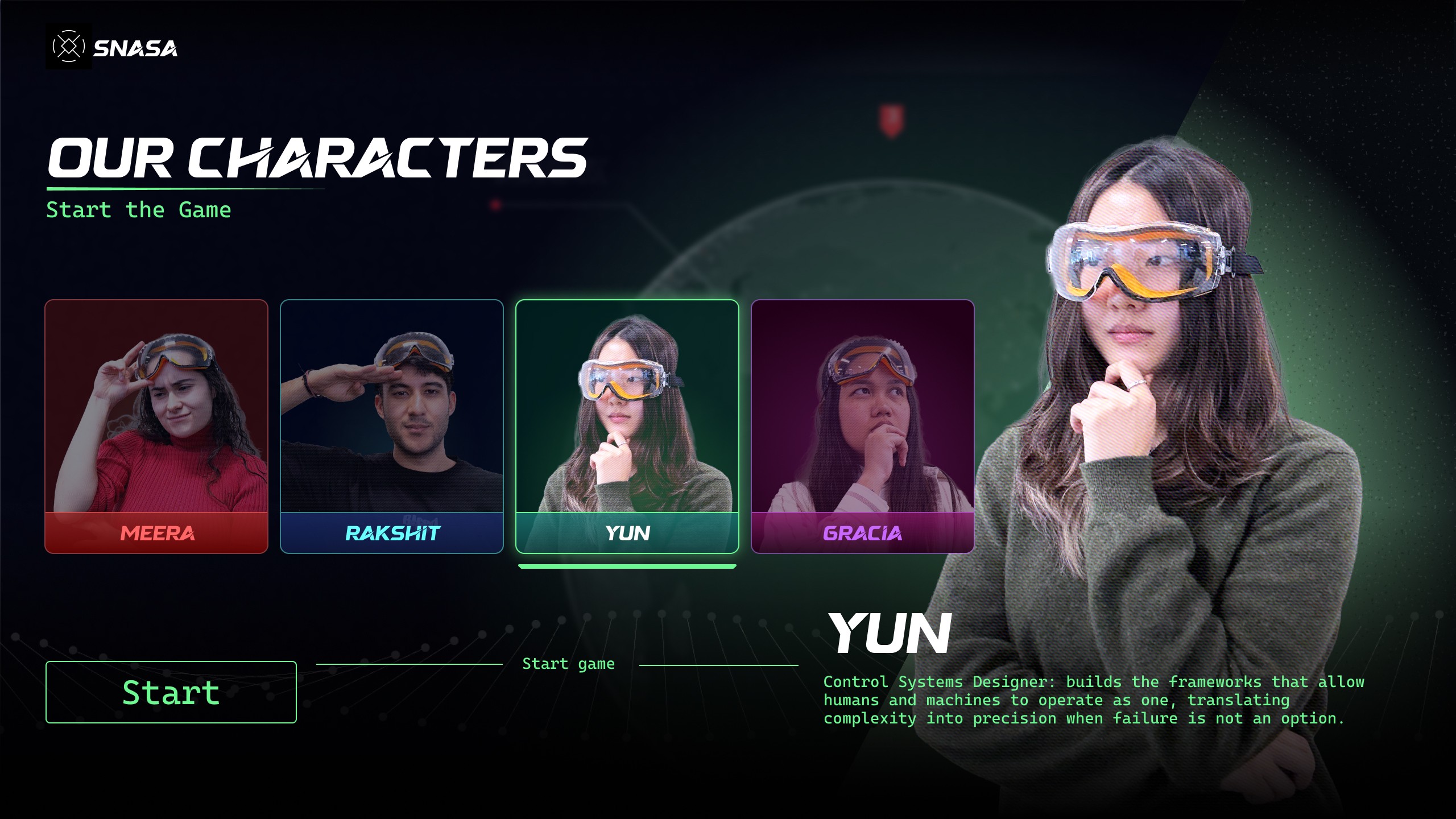 SNASA character select screen with Meera, Rakshit, Yun, and Gracia